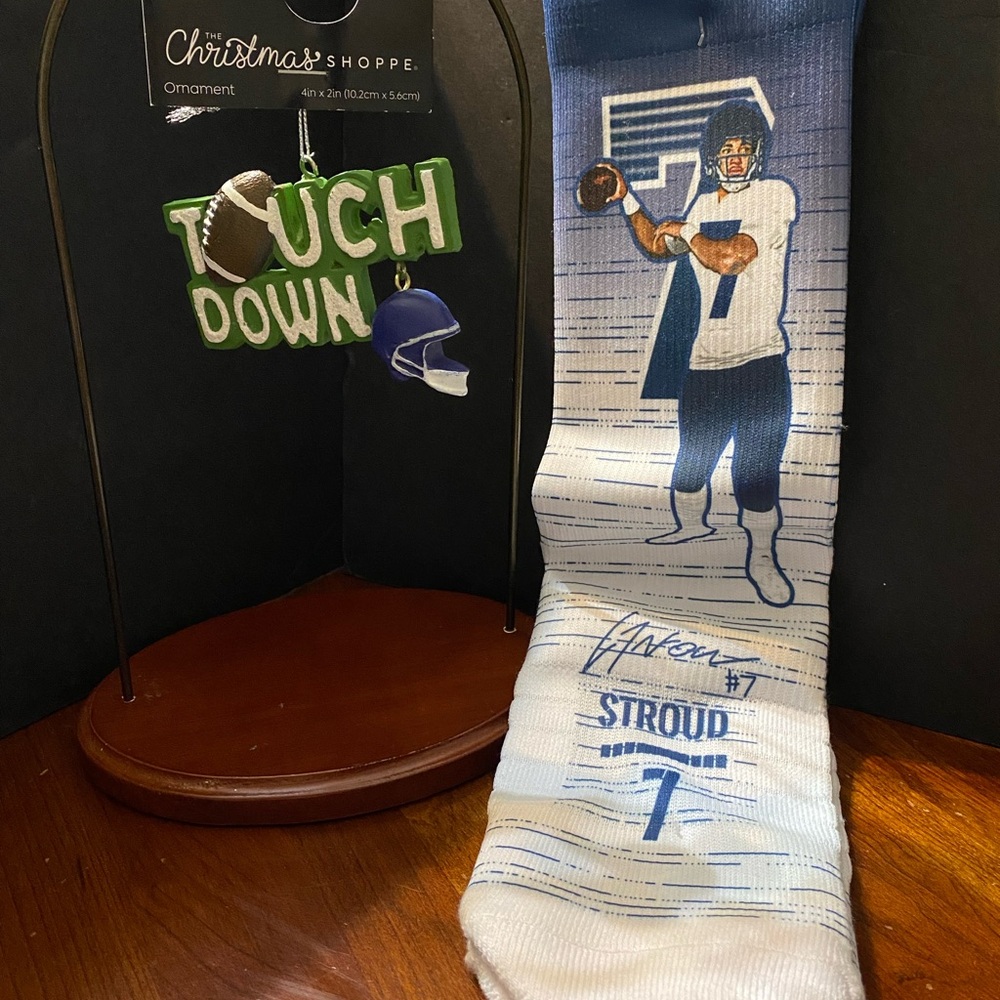 Athletic🏈C.J. Stroud Blue& White Premium Full Sub Socks w/Christmas Ornament NWT